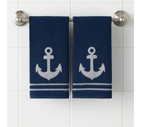 Coastal Nautical Guest Bathroom Hand Towel Set, Embroidered Anchor Design, 2 Piece Set, Blue White, 16 x 25 inches, 100% Cotton, Soft Absorbent