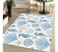 Coastal Nautical Rug for Bedroom & Living Room, Soft Low Velvet Carpet, Washable Beach Area Rug - Modern Light Blue Seahorse, 3x5
