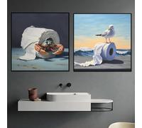Coastal Nautical Seagull Crab Art Painting, Funny Animal Paper Poster, Canvas Print, Bathroom Beach Washroom Decor 70x100cmx2 frame