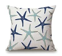 Coastal Nautical Starfish Throw Pillow Cover Navy Blue and Turquoise Sea Stars Farmhouse Cushion Case for Sofa Couch 18x18 Inches Cotton Linen