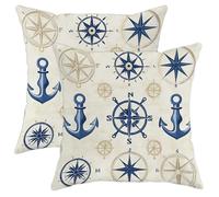 Coastal Nautical Throw Pillow Covers Set of 2, Navy Blue Anchor Compass Decorative Cushion Cases, Summer Seaside Farmhouse Accents Pillows for Home Sofa Bed Couch 16x16 Inch