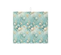Coastal Ocean Dish Drying Mats for Kitchen Counter, Aqua Seashell Absorbent Dish Drainer Rack Mat, Nautical Beach Microfiber Drying Pad for Kitchen Counter Decor 16x18 Inch