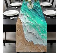 Coastal Ocean Table Runner 13x36 Inches Long Beach Dark Teal Waves Gradient Oil Painting Cotton Linen Table Runner Burlap Style for Dinner Table Party Decor Tabletop Decorations