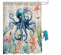Coastal Octopus Shower Curtain for Bathroom, Ocean Coral Seaweed Waterproof Cloth Fabric Bathroom Accessories Set with 12 Rust Proof Plastic Hooks, 56” x 78”