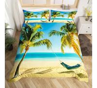 Coastal Palm Tree Duvet Cover King Size, Summer Hawaiin Style Comforter Cover, Ocean Beach Bedding Set Tropical Style, Hammock Vacation Theme Bedspread Cover, Soft Microfiber Room Decor Quilt Cover