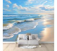 Coastal Photography Waves Beach Clouds Wall Mural Photo Wallpaper, Navy Blue Non-Woven Feature Wall Decor for Living Room, Bedroom & Study 350 x 256 cm