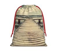 Coastal Pier Print Christmas Drawstring Gift Bags, Xmas Holiday Fabric Gift Wrapping Bag For Party, Size-L