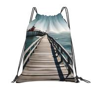 Coastal Pier Print Unisex Drawstring Bag Waterproof Swimming Bags Large Drawstring Backpack For Beach Swim Travel