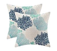Coastal Pillow Covers 16x16 Inch Set of 2 Coral Branch Ocean Themed Beach Decor Throw Pillows Turquoise Navy Blue Beachy Nautical Summer Outdoor Decorative Cushion Cases for Couch Decorations