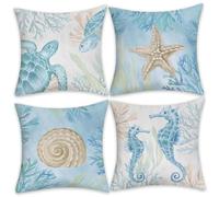 Coastal Pillow Covers 4Pcs Nautical Throw Pillow Covers 18x18 Inch Summer Beach Soft Linen Ocean Turtle Seahorse Cushion Cover for Couch Sofa Living Room