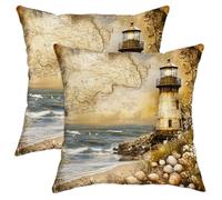 Coastal Pillow Covers Set of 2, Beige Lighthouse and Ocean Decorative Throw Pillows, Beach Themed Accents Cushion Cases for Home Sofa Bed Couch, Summer Nautical Decor 16x16 Inch