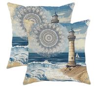 Coastal Pillow Covers Set of 2, Blue Lighthouse Ocean Waves Decorative Throw Pillows Case, Summer Beach Style Cushion Covers for Home Sofa Bed Couch 20x20 Inch