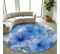 Coastal Round Floor Rug 100 cm, Non-Slip Blue Hibiscus Blossom Carpet | Noise Dampening Insulating Circular Mat, Spill Resistant Stain Repellent Area Rug for Under Coffee Table & Lounge