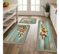 Coastal Rustic Kitchen Mats for Floor, Turquoise Starfish and Shells Soft Mats, Summer Cushioned Washable Decor Rugs for Kitchen Sinks Bathroom 3pcs