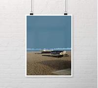 Coastal sea, Beach with Fishing Boats Artwork, Abstract Digital Wall Art Poster Print in Blue and Muted Sandy Brown for Living Room, Office Kitchen. Nature, Countryside, Blue, Unframed (21 x 30 cm)