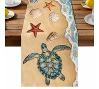 Coastal Sea turtle Table Runner, Beach Starfish Shell Conch Nautical Ocean Cotton and Table Linen Runner for Kitchen Dining Home Decor for Party Festival Holiday Decoration Gift 13x90in