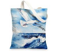 Coastal Seagull Canvas Tote Bags, Ocean Wave Print Reusable Grocery Bags, Nautical Lightweight Washable Shoulder Strap, blue, 13x15 Inch