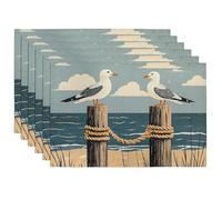 Coastal Seagull Placemats, Blue Vintage Nautical Place mats for Dining Table, Non-Slip Washable Indoor Outdoor Summer Beach Decor Set of 6