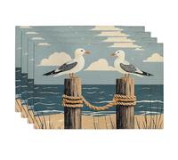 Coastal Seagull Placemats, Blue Vintage Nautical Place mats for Dining Table, Non-Slip Washable Indoor Outdoor Summer Beach Decor Set of 4