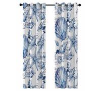 Coastal Seashell Blackout Curtains for Bedroom Living Room, Summer Nautical Blue Shell Starfish Hampton Style 96 In Long Thermal Insulated Room Darkening Drapes Grommet Window Treatments, 52 x 96 In