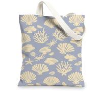 Coastal Seashell Canvas Tote Bags, Vintage Marine Pattern Reusable Grocery Bags, Lightweight Washable Shoulder Strap Canvas, Blue, 13x15 Inch