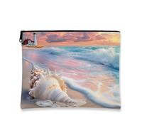 Coastal Shell Cosmetic Bag, Beachy Seaside Makeup Pouch for Women, Portable Canvas Zipper Organizer, Summer Travel Toiletry Bag, Peach, 7x9 Inch, Shell