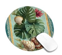 Coastal Shells and Leaves Mouse Pad, Tropical Green Blue Seashell Design, Stitched Edge Non-Slip Mouse Pad for Home and Office Use, Summer Beach Decor Round 8x8 Inch