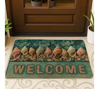 Coastal Shells Doormat, Aqua Seashell Welcome Mat for Indoor & Outdoor Entryway Beach Decor, Non-Slip Water-Resistant Dust Control Door Mats, Easy Care 29x17 Inch
