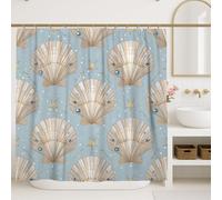 Coastal Shower Curtain, Light Blue Beige Seashell and Starfish Bathroom Decor, Summer Ocean Nautical Style Waterproof Fabric Curtain Set with Hooks 36x72 Inch