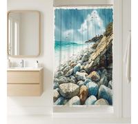 Coastal Shower Curtain, Watercolor Blue Grey Rock Seaside Bathroom Decor, Spring Summer Nautical Modern Beach Style Waterproof Fabric Shower Curtain with Hooks 36x72 Inch