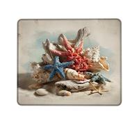Coastal Starfish Desk Mouse Pad, Blue Red Ocean Shells Stitched Edge Mousepad, Rubber Non-Slip Washable Gaming Mouse Pad for Home and Office Computer, Laptop Square11.8 x9.8