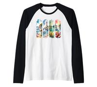 Coastal Summer Vacation Watercolor Scenes Raglan Baseball Tee