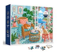 Coastal Sunroom 500 Piece Jigsaw Puzzle for Adults & Teens, Seaside Cottage Porch Scene with Wicker Chair, Lighthouse View, Blooming Vines, Tea Table, Cat, Dog and Seagull, 20.5 x 15 Inch Size
