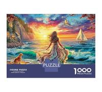 Coastal Sunset Girl Puzzle 1000 Piece Sailboat Secret Realm Jigsaw Puzzles Impossible Puzzle Fun, Challenging & Brainteasing 100% Recycled Cardboard for Decorative Gifts 70x50cm/1000pcs