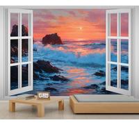 Coastal Sunset Mural Oil Painting Ocean Wall Mural 3D Window Effect Wallpaper Rocky Shore Seaside Murals Large-Scale Murals for Living Room Bedroom 500 x 317 cm