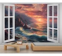 Coastal Sunset Mural Rocky Shore Ocean Waves Landscape Wallpaper Seaside Wall Murals Large Size Coastal Mural Wallpaper for Living Room Bedroom 500 x 317 cm
