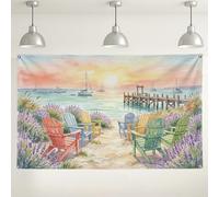 Coastal Sunset Wall Backdrop, Colorful Adirondack Chairs Photography Background, Summer Beach Party Decorations, Outdoor Indoor Photo Booth Supplies 71x43 Inch