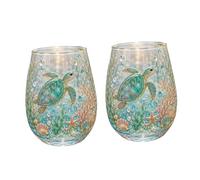 Coastal Themed Drinking Glasses Pair with Sea Print | Clear Beverage Cups for Milk Tea Water, Decorative Kitchen Counter Display, Wipe-Clean Finish