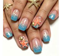 Coastal Themed Fake Nails Set 24 Piece Blue Glitter False Tips with Shell Pearl Accent Design for Women Holiday Parties Beach Themed False Tip Fake Nails Set Blue Glitter French Design Shell Pearl ABS