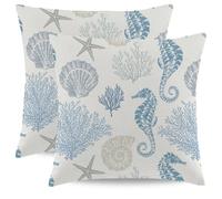 Coastal Throw Pillow Covers 18 x 18 Inch Set of 2 Summer Ocean Themed Pillow Covers Beach Seashell Starfish Seahorse Pillow Cases Linen Square Cushion Cover for Home Couch Sofa Bedding Decor