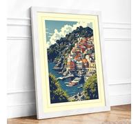 Coastal Town at Rest Vintage Framed Wall Art Print A4 (29.7×21cm) White, Wall Decor for Living Room, Bedroom, Office & Home, Ready to Hang, Art Gift