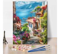 Coastal Town Paint by Numbers for Adults, DIY Landscape Painting by Numbers for Gift Home Wall Decor, Blooming Flowers Acrylic Adult Paint by Number Kits on Canvas 16"x20"(Frameless)