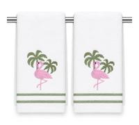 Coastal Tropical Embroidered Bath Hand Fingertip Towels, Pink Flamingo Palm Tree Blue on Ivory, Embellished Trim, 100% Cotton, Set of 2, 12 x 18 inches