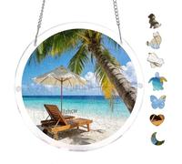 Coastal Vacation 7.8x7.8Inch Round Acrylic Jigsaw Puzzle Suncatcher Hanging Wall Decor, Ocean Crystal Window Art Ornament, Seaside Home Decoration Gift