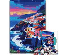 Coastal Village at Sunset Illustration Jigsaw Puzzle for Adults, 500 Pieces | Jigsaw Puzzle Gift: screen-free family activity, tabletop activity for adults.