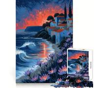Coastal Village at Sunset Painting 1000 Pieces Puzzles for Adults Strong Logic Tight Connection Joyful Challenge Thoughtful Gift (38x26cm)