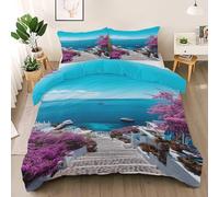 Coastal Village Duvet Cover Queen Size, Sea View Quilt Cover Set, Purple Flower 3 pcs Bedding Set with 8 Corner Ties and 2 Pillowcases, Coastal Stair Quilt Cover Wrinkle-free