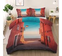 Coastal Village Duvet Cover Set, Red Building Reversible Bedding Set, Blue Sky Sea Polycotton 3 pcs Lightweight Premium Quilt Cover Set for All Seasons With Zipper (Sunset, Single)