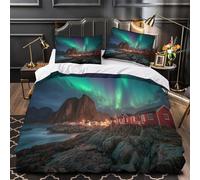 Coastal Village in Lofoten Islands, Norway Duvet Cover Northern Lights 3D Printed Bedding Set 3Pcs Microfiber Quilt Cover, with Pillowcase Comforter Cover Adults And Teens Super King（260x220cm）