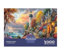 Coastal Village Scene Jigsaw Puzzles 1000 Piece for Adults, 1000 Pieces Lighthouse Coast Whimsical Challenge Toy Educational Games Home Decoration 38x26cm/1000pcs